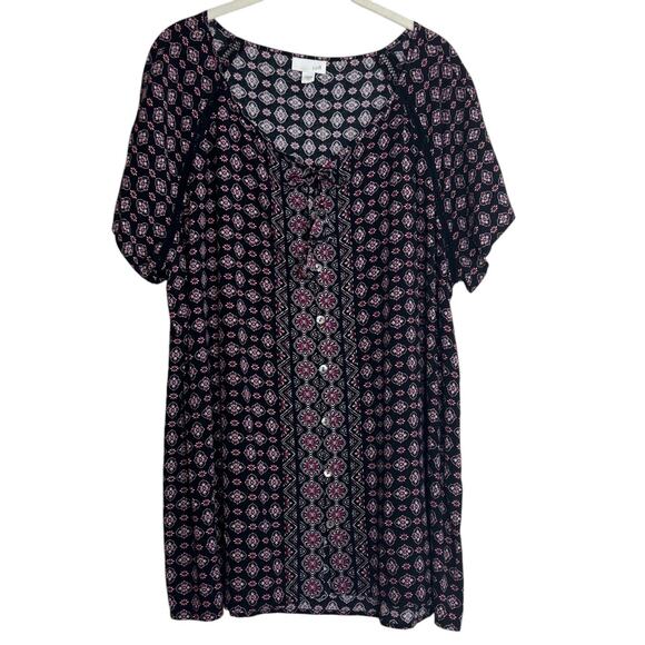 J Jill Womens Floral Blouse Size Large Black Burgundy Button Ties at Neck Boho - Picture 1 of 7